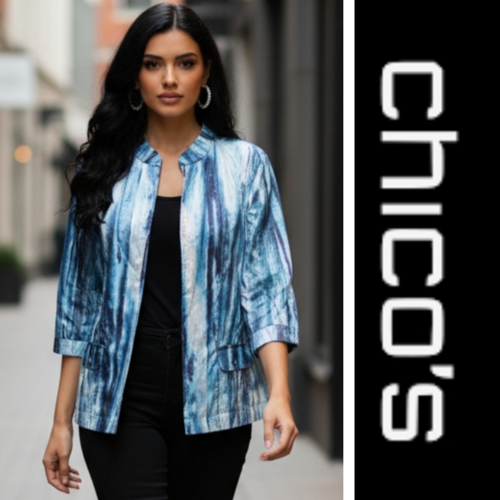 Chico's Shades Of Blue & Silver Shiny Shimmer Open Jacket